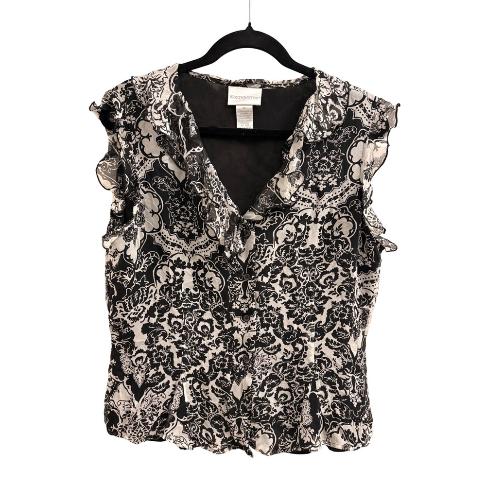 Blouse Paisley Dark Academia Worthington Women 14 Black White Silk Ruffle Sleeve
